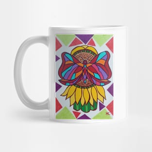 Butterfly on Sunflower Hamsa by Harriette Knight Mug